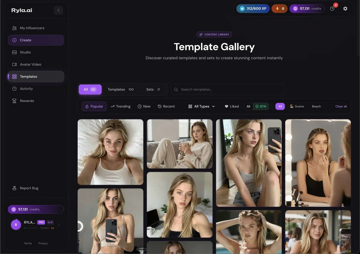 RYLA Template Gallery — browse 100+ curated templates
